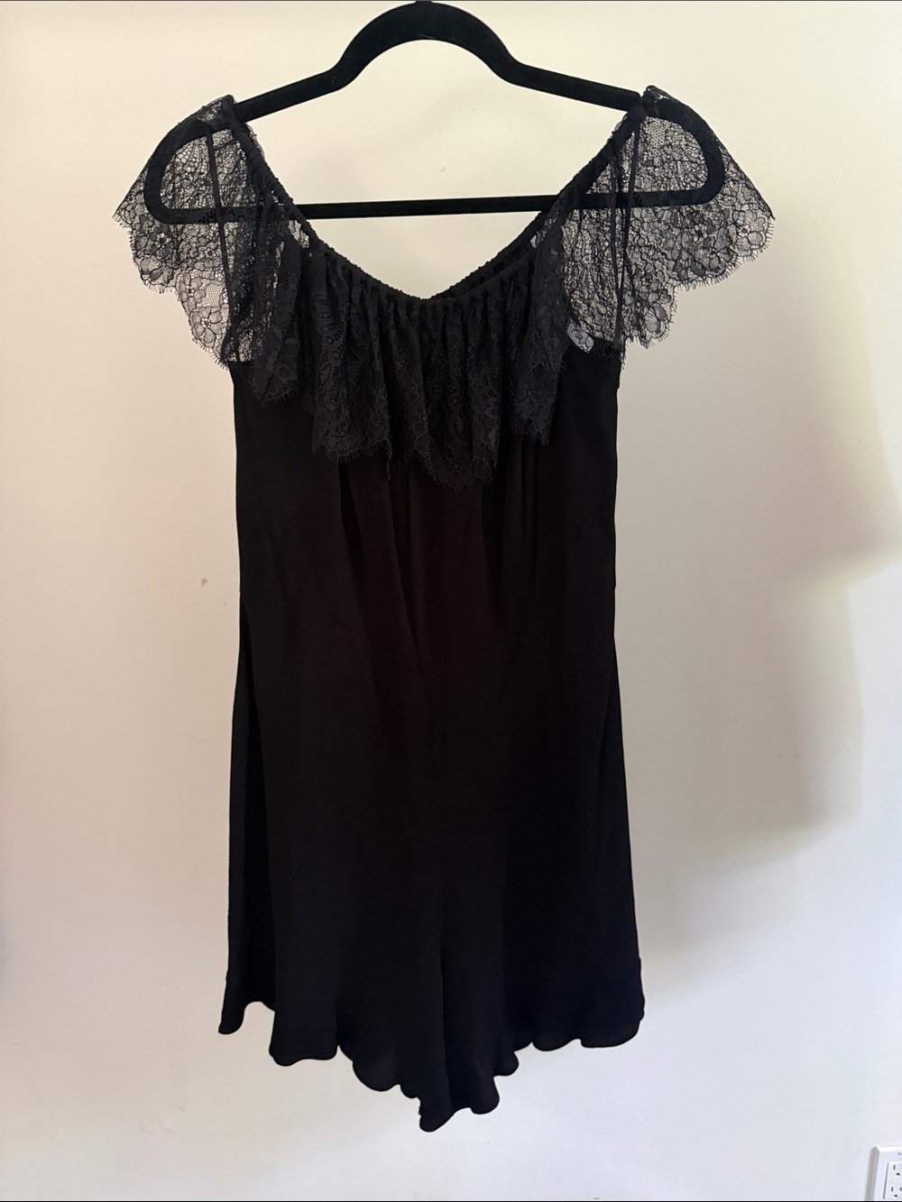 Sandro Paris Black Lace-Trim Off-Shoulder Romper